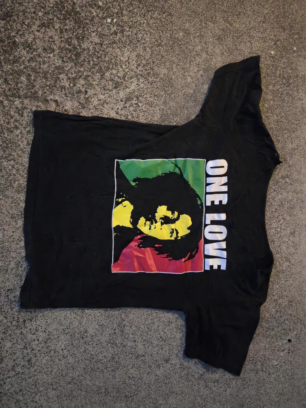 Black Bob Marley One Love Graphic Cut off V neck T-Shirt